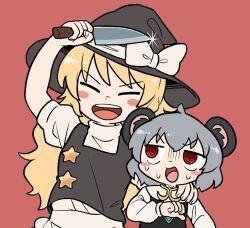 Rule 34 | 2girls, @ @, animal ears, black headwear, black vest, blonde hair, blush, bow, bseibutsu, closed eyes, commentary request, cookie (touhou), flat chest, glint, grey hair, hand on another&#039;s shoulder, hat, hat bow, holding, holding knife, kirisame marisa, knife, long hair, long sleeves, mouse ears, mouse girl, multiple girls, nazrin, nyon (cookie), open mouth, red background, red eyes, shirt, short hair, simple background, smile, star (symbol), suzu (cookie), teeth, touhou, upper body, upper teeth only, vest, white bow, white shirt, witch hat