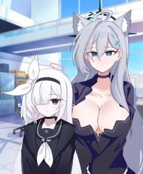 Rule 34 | 2girls, ahoge, animal ear fluff, animal ears, black choker, black coat, black dress, black eyes, black serafuku, blue archive, blue eyes, blunt bangs, blurry, braid, breasts, choker, cleavage, coat, collarbone, colored inner hair, commentary request, cross hair ornament, depth of field, dress, extra ears, game screenshot background, grey hair, hair between eyes, hair ornament, hair over one eye, hairband, halo, height difference, highres, indoors, large breasts, long bangs, long hair, long sleeves, looking at viewer, mismatched pupils, multicolored hair, multiple girls, open clothes, open coat, plana (blue archive), school uniform, serafuku, shiroko (blue archive), shiroko terror (blue archive), sidelocks, single braid, skyrain315, sweatdrop, two-tone hair, v arms, white hair, wolf ears, wolf girl