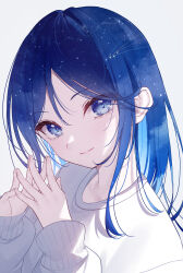 Rule 34 | 1girl, absurdres, blue eyes, blue hair, closed mouth, colored inner hair, grey background, grey sweater, hair between eyes, head tilt, highres, hoshino ichika (project sekai), long hair, long sleeves, looking at viewer, multicolored hair, portrait, project sekai, sleeves past wrists, smile, solo, star (sky), steepled fingers, straight hair, sweater, yuki hare1130