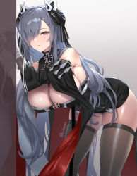 Rule 34 | 1girl, august von parseval (azur lane), azur lane, bare shoulders, braid, breasts, brown thighhighs, cleavage, cleavage cutout, clothing cutout, cuboon, detached sleeves, grey hair, hair over one eye, headgear, horns, iron blood (emblem), large breasts, leaning forward, looking at viewer, mechanical horns, one eye covered, parted lips, purple eyes, revealing clothes, skindentation, solo, swept bangs, thighhighs, turtleneck, twitter username