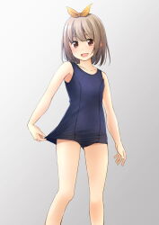 Rule 34 | 1girl, :d, bare arms, bare shoulders, blue one-piece swimsuit, brown eyes, brown hair, collarbone, commentary request, gradient background, grey background, hair between eyes, hair ribbon, highres, looking at viewer, old school swimsuit, one-piece swimsuit, open mouth, original, ribbon, school swimsuit, shibacha, smile, solo, standing, swimsuit, yellow ribbon