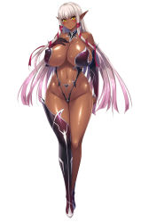 Rule 34 | 1girl, aoi nagisa (metalder), asymmetrical legwear, blush, boots, breasts, covered erect nipples, dark-skinned female, dark elf, dark skin, detached collar, elbow gloves, elf, evelyn celebrian, female focus, full body, gloves, gradient hair, hair ribbon, highres, huge breasts, multicolored hair, navel, official art, pink hair, pointy ears, pubic tattoo, puffy nipples, revealing clothes, ribbon, shiny skin, solo, tattoo, thigh boots, thighhighs, uneven legwear, white background, yellow eyes, youkoso! sukebe elf no mori e