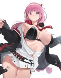 1girl, absurdres, bandolier, bangs, between breasts, bikini, bikini under clothes, black jacket, blue archive, breasts, closed mouth, commentary request, eimi (blue archive), eyebrows visible through hair, headphones, headphones around neck, highres, hood (james x), jacket, large breasts, long hair, long sleeves, looking at viewer, miniskirt, nail polish, necktie, necktie between breasts, off shoulder, partially unbuttoned, pink hair, pink nails, purple eyes, shirt, simple background, skirt, solo, swimsuit, white background, white shirt, white skirt, zipper, zipper pull tab