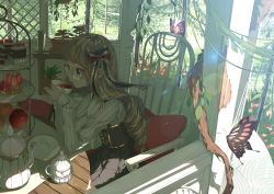 Rule 34 | 1girl, apple, ayataka, black skirt, blush, branch, brown hair, bug, butterfly, cake, cake slice, chair, commentary request, cup, day, food, fruit, gazebo, glasses, gold trim, grey sweater, hair ribbon, hands up, highres, holding, holding cup, insect, leaf, lens flare, long hair, long sleeves, looking away, miniskirt, open mouth, orange (fruit), original, pillow, plant, pleated skirt, potted plant, purple eyes, ribbed sweater, ribbon, round eyewear, saucer, sidelocks, sitting, skirt, sleeves past wrists, solo, strawberry, sunlight, sweater, table, tea, teacup, teapot, tiered tray, underbust, vines