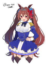 Rule 34 | 1girl, :d, animal ears, black thighhighs, blue jacket, blue skirt, blush, bow, brown hair, cropped legs, daiwa scarlet (umamusume), diadem, epaulettes, fang, garter straps, hair bow, hand on own hip, highres, horse ears, ikeuchi tanuma, jacket, juliet sleeves, long hair, long sleeves, looking at viewer, miniskirt, open mouth, puffy sleeves, red bow, red eyes, simple background, skin fang, skirt, smile, solo, standing, thighhighs, twintails, twitter username, umamusume, very long hair, white background