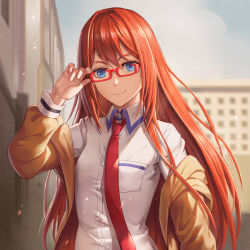 Rule 34 | 1girl, absurdres, adjusting eyewear, arm up, bespectacled, blue eyes, blurry, blurry background, breast pocket, brown jacket, closed mouth, collared shirt, commentary request, depth of field, dress shirt, fingernails, glasses, highres, jacket, long hair, long sleeves, looking at viewer, makise kurisu, mool yueguang, necktie, off shoulder, open clothes, open jacket, outdoors, pink lips, pocket, red-framed eyewear, red hair, red necktie, semi-rimless eyewear, shirt, smile, solo, steins;gate, straight hair, town, under-rim eyewear, upper body, very long hair, white shirt, wing collar