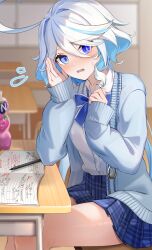 Rule 34 | 1girl, absurdres, ahoge, blue bow, blue bowtie, blue cardigan, blue hair, blue skin, blurry, blurry background, blush, book, bow, bowtie, cardigan, classroom, collared shirt, colored skin, commentary request, contemporary, desk, drop-shaped pupils, flying sweatdrops, furina (genshin impact), genshin impact, hair between eyes, hair intakes, highres, indoors, light blue hair, long bangs, long hair, long sleeves, looking at viewer, mismatched pupils, multicolored hair, nervous sweating, on chair, open cardigan, open clothes, open mouth, plaid, plaid skirt, puffy long sleeves, puffy sleeves, school desk, school uniform, shirt, shirt tucked in, sitting, skirt, sleeves past wrists, solo, sumomooekaki, sweat, swept bangs, symbol-shaped pupils, thighs, very long hair, wavy hair, wavy mouth, whispering, white hair, white shirt