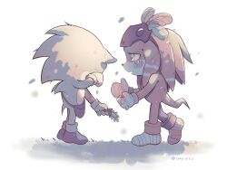 Rule 34 | 2boys, animal ears, animal nose, artist name, bag, bandaged foot, bandaged hand, bandages, blue fur, blush, child, covering own eyes, crying, flower, full body, furry, furry male, gloves, grass, hand up, hands up, hedgehog, hedgehog ears, hedgehog tail, highres, holding, holding flower, knuckles the echidna, lazy kun, leaf, looking at another, male focus, mask, mask on head, multiple boys, open mouth, petals, purple bag, purple eyes, purple footwear, purple mask, red fur, shadow, shoes, simple background, sneakers, socks, sonic (live action), sonic (series), sonic the hedgehog, sonic the hedgehog 2 (film), spiked gloves, standing, sunflower, tail, tears, white background, white gloves, white socks, yellow flower