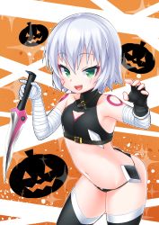 Rule 34 | 1girl, :d, bandaged arm, bandaged hand, bandages, bare shoulders, black gloves, black panties, black shirt, black thighhighs, blush, breasts, collarbone, commentary request, dagger, facial scar, fate/grand order, fate (series), fingerless gloves, gloves, green eyes, hair between eyes, halloween, highres, holding, holding dagger, holding knife, holding weapon, jack-o&#039;-lantern, jack the ripper (fate/apocrypha), kirisame mia, knife, navel, open mouth, panties, scar, scar across eye, scar on cheek, scar on face, shirt, shoulder tattoo, silver hair, single glove, sleeveless, sleeveless shirt, small breasts, smile, solo, sparkle, tattoo, teeth, thighhighs, underwear, upper teeth only, weapon