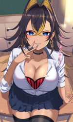 Rule 34 | 1girl, absurdres, azumi (mocha), black choker, black hair, black thighhighs, blonde hair, blue eyes, blush, bra, breasts, choker, classroom, cleavage, collarbone, crossed bangs, dangle earrings, dark-skinned female, dark skin, dehya (genshin impact), desk, earrings, genshin impact, gyaru, hair between eyes, hair ears, hair intakes, hand rest, highres, indoors, jewelry, lace, lace-trimmed bra, lace trim, large breasts, long hair, looking at viewer, multicolored hair, nail polish, on desk, parted lips, partially unbuttoned, pleated skirt, red bra, red nails, ring, school desk, school uniform, shirt, shirt tucked in, single earring, sitting, on desk, skindentation, skirt, sleeves rolled up, smile, solo, streaked hair, thick thighs, thighhighs, thighs, two-tone hair, underwear, v over mouth, very long hair, white shirt, yellow pupils