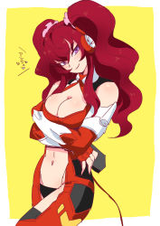 Rule 34 | 10s, 1girl, blush, breast hold, breasts, cleavage, cleavage cutout, clothing cutout, cowboy shot, cross ange, crossed arms, hair between eyes, hair ornament, hilda (cross ange), kita makura, long hair, looking at viewer, navel, purple eyes, red hair, revealing clothes, scrunchie, simple background, smile, solo, translated, tsurime, twintails
