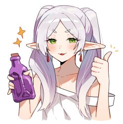 Rule 34 | :3, bare arms, blush, bottle, collarbone, cropped torso, dress, drop earrings, earrings, elf, enipa 28, flat chest, frieren, green eyes, highres, holding, holding bottle, jewelry, long hair, looking at viewer, meme, notice lines, parted lips, pointy ears, potion, sidelocks, simple background, sousou no frieren, sparkle, strap slip, thumbs up, upper body, white background, white dress, white hair, you can just give this kind of thing to men and they will be thrilled (meme)