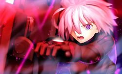 Rule 34 | 1girl, absurdres, armor, black armor, black gloves, fate/grand order, fate (series), game cg, gloves, gun, highres, holding, holding gun, holding weapon, mash kyrielight, mash kyrielight (ortenaus), official art, open mouth, pink hair, purple eyes, short hair, solo, takeuchi takashi, weapon