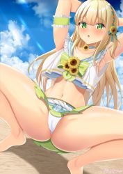 Rule 34 | 1girl, :o, absurdres, armpits, arms behind head, arms up, barefoot, beach, bikini, bikini skirt, blonde hair, blue sailor collar, blue sky, blunt bangs, blush, braid, breasts, cameltoe, choker, cleft of venus, cloud, collarbone, commentary request, crotch, day, flower, green eyes, hair up, highres, ichinose rei, idoly pride, large breasts, lens flare, long hair, looking at viewer, navel, open mouth, outdoors, pinesphere, pleated skirt, sailor bikini, sailor collar, sand, skirt, sky, solo, spread legs, squatting, sunflower, swimsuit, white bikini