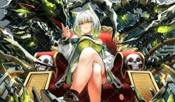 Rule 34 | 1girl, absurdres, arknights, black footwear, check copyright, coat, copyright request, creature, crossed legs, dress, from below, gradient hair, green dress, green hair, hand on leg, hand up, highres, kal&#039;tsit (arknights), looking at viewer, manchengdoushiyaolanmi, mon3tr (arknights), multicolored hair, parted lips, see-through, sitting, skull, smile, solo, throne, warhammer 40k, watermark, white coat, white hair, writing