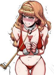 Rule 34 | 1girl, absurdres, bdsm, bikini, blush, bondage, bound, breasts, brown eyes, brown hair, celica (fire emblem), cleavage, clenched teeth, collar, cuffs, diadem, drawfag, earrings, fire emblem, fire emblem echoes: shadows of valentia, highres, jewelry, large breasts, leash, long hair, nintendo, pov, shackles, simple background, slave, solo focus, swimsuit, tears, teeth, white background