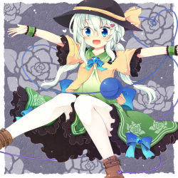 Rule 34 | 1girl, adapted costume, bad id, bad pixiv id, blue eyes, bow, brooch, dress, floral print, fuuen (akagaminanoka), green dress, hair ornament, hairclip, hat, hat ribbon, heart, jacket, jewelry, knees together feet apart, komeiji koishi, open clothes, open jacket, open mouth, outstretched arms, ribbon, short sleeves, silver hair, smile, solo, third eye, touhou, wrist cuffs
