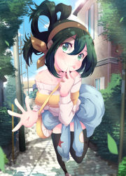 Rule 34 | 10s, 1girl, :p, absurdres, asui tsuyu, bag, bare shoulders, blush, boku no hero academia, breasts, bush, casual, casual, finger to mouth, green eyes, green hair, hair between eyes, hair rings, hairband, highres, house, inkspirate, lamppost, leaning forward, looking at viewer, medium breasts, outdoors, pavement, plant, ponytail, sidelocks, smile, solo, striped clothes, striped sweater, sweater, thighhighs, tongue, tongue out, traffic light, watermark, window