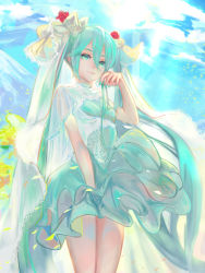 Rule 34 | 1girl, aqua dress, aqua nails, aqua ribbon, between legs, blue hair, bow, capelet, closed mouth, cowboy shot, dress, floating hair, flower, green eyes, hair between eyes, hair bow, hair flower, hair ornament, hand between legs, hatsune miku, holding, holding ribbon, layered dress, long hair, looking at viewer, nail polish, red flower, red rose, ribbon, rose, sayuumigi, sleeveless, sleeveless dress, solo, standing, twintails, very long hair, vocaloid, white bow, white capelet