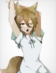 Rule 34 | 1girl, animal ear fluff, animal ears, armpits, arms up, blonde hair, commentary, fox ears, fox tail, green ribbon, hair between eyes, highres, kudamaki tsukasa, long hair, looking at viewer, neck ribbon, one eye closed, open mouth, ribbon, seno yunose, short sleeves, simple background, solo, stretching, tail, touhou, upper body, white background, white romper, yellow eyes