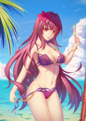Rule 34 | 1girl, absurdres, adapted costume, aira5, arm at side, bare arms, bare shoulders, bikini, blue sky, bracelet, breasts, brown hair, cleavage, closed mouth, cloud, cloudy sky, collarbone, cowboy shot, day, fate/grand order, fate (series), fingernails, flower, food, hair flower, hair ornament, hand up, head tilt, hibiscus, highres, holding, holding strap, jewelry, large breasts, legs together, long fingernails, long hair, looking at viewer, makeup, nail polish, navel, ocean, open mouth, outdoors, palm tree, parted lips, pink lips, pink nails, planted, planted spear, polearm, popsicle, purple bikini, purple hair, red eyes, red flower, scathach (fate), scathach (fate/grand order), scathach (swimsuit assassin) (fate), side-tie bikini bottom, sidelocks, sky, smile, solo, spear, stomach, strap gap, string bikini, swimsuit, tree, underboob, untied bikini, very long hair, water, water drop, weapon, wet