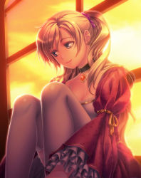 Rule 34 | 1girl, backlighting, bad id, bad pixiv id, blonde hair, breasts, choker, cleavage, colored eyelashes, dress, earrings, frills, indoors, isobe, jewelry, long hair, sitting, smile, solo, sound horizon, stud earrings, sunset, swept bangs, thighhighs