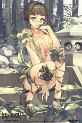 Rule 34 | 10s, 1girl, bamboo, blade &amp; soul, blush, breast press, breasts, brown hair, btoor, cleavage, company name, copyright name, english text, glint, hair ornament, hand in own hair, highres, jewelry, jin (blade &amp; soul), looking at viewer, parted lips, plant, ribbon, ring, rock, shoes, short hair, sitting, skirt, solo, stairs, watermark, yellow eyes