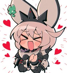Rule 34 | 1girl, ahoge, black gloves, chibi, clover, collar, elphelt valentine, fingerless gloves, four-leaf clover, gloves, guilty gear, guilty gear xrd, hairband, huge ahoge, itsuka neru, looking at viewer, medium hair, open mouth, smile, spiked collar, spiked hairband, spikes, white hair