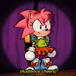 Rule 34 | 1girl, 9474s0ul, amy rose, animal ears, animal nose, artist name, closed mouth, commentary, english commentary, english text, full body, furry, furry female, gloves, green shirt, hands on another&#039;s shoulders, highres, metal sonic, orange skirt, puffy short sleeves, puffy sleeves, shirt, shoes, short sleeves, skirt, smile, solo focus, sonic (series), sonic the hedgehog (classic), stage curtains, standing, white gloves