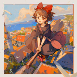 Rule 34 | 1girl, bad id, bad twitter id, bag, bird, black cat, border, bow, broom, broom riding, brown dress, brown eyes, brown hair, cat, ciloranko, cityscape, cloud, cloudy sky, day, dress, dutch angle, flying, hair ornament, highres, jiji (majo no takkyuubin), kiki (majo no takkyuubin), long dress, looking at viewer, majo no takkyuubin, medium hair, messenger bag, ocean, open mouth, outside border, red bag, red bow, seagull, short sleeves, shoulder bag, sky, smile, straight hair, white border