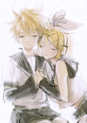 Rule 34 | 1boy, 1girl, arch-0, bare arms, bare shoulders, blonde hair, bow, brother and sister, detached sleeves, closed eyes, hair bow, hair ornament, hairband, hairclip, half-closed eyes, happy, head rest, headset, holding hands, kagamine len, kagamine rin, light smile, looking down, sailor collar, shirt, short hair, shorts, siblings, simple background, sitting, smile, twins, upper body, vocaloid, white background, white hairband, white shirt