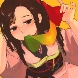 Rule 34 | 1girl, 95-tan, black sash, bow, breasts, brown eyes, brown hair, clothes in mouth, hair bow, hands up, jaggy lines, japanese clothes, kimono, long hair, looking at viewer, lowres, medium breasts, mouth hold, multicolored bow, obi, open mouth, os-tan, pink kimono, saburou (326xxx1), sash, simple background, smile, solo, wide sleeves, yellow background