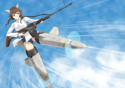 Rule 34 | 1girl, animal ears, blue sky, brown eyes, brown hair, day, dog ears, dog tail, drum magazine, flying, gun, hamushima, holding, holding gun, holding weapon, long hair, machine gun, magazine (weapon), military, military uniform, school swimsuit, sky, solo, speed lines, strike witches, striker unit, swimsuit, tail, takei junko, thighs, trigger discipline, uniform, weapon, world witches series