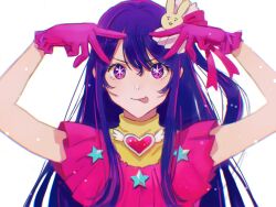 Rule 34 | 1girl, brooch, chromatic aberration, closed mouth, commentary, double v, dress, frilled gloves, frills, gloves, hair between eyes, hair ornament, hair ribbon, hands up, heart, heart brooch, highres, hoshino ai&#039;s pose, hoshino ai (oshi no ko), idol, idol clothes, jewelry, long hair, looking at viewer, miromari, one side up, oshi no ko, pink dress, pink gloves, pink ribbon, purple eyes, purple hair, rabbit hair ornament, ribbon, shadow, sidelocks, simple background, solo, star-shaped pupils, star (symbol), symbol-shaped pupils, tongue, tongue out, turtleneck, turtleneck dress, upper body, v, white background