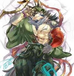 Rule 34 | 1boy, abs, animal ears, bara, bare pectorals, beige fur, bow (weapon), brown hair, dakimakura (medium), facial hair, fang, feet out of frame, furry, furry male, goatee, green kimono, hadanugi dousa, hair between eyes, japanese clothes, kimono, large pectorals, looking at viewer, lying, male focus, mature male, muscular, muscular male, ohayashi55, on back, on bed, open kimono, pectorals, short hair, solo, stomach, temujin (housamo), tokyo houkago summoners, weapon, wolf boy, wolf ears