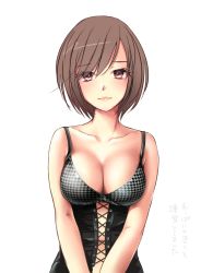 Rule 34 | 1girl, anko anko, blush, breasts, brown eyes, brown hair, cleavage, collarbone, corset, eyebrows, eyelashes, highres, lips, looking at viewer, matching hair/eyes, meiko (vocaloid), navel, short hair, solo, strap, text focus, vocaloid