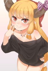 Rule 34 | 1girl, beige background, black shirt, blonde hair, bottomless, bow, breasts, commentary request, covered erect nipples, cowboy shot, hair bow, highres, horn ornament, horn ribbon, horns, ibuki suika, inward v, jewelry, long hair, looking at viewer, low-tied long hair, nail polish, necklace, nishiuri, off shoulder, orange eyes, pointy ears, red bow, ribbon, shirt, slit pupils, smile, solo, thigh gap, touhou