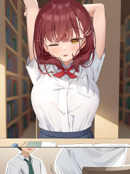 Rule 34 | 1boy, 1girl, arms up, breasts, commentary request, crossed bangs, green necktie, hair ornament, hairclip, highres, large breasts, muninshiki, necktie, original, parted lips, red hair, school uniform, shirt, short sleeves, stretching, white shirt, yellow eyes, younger twin sister (muninshiki)