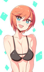 Rule 34 | 1girl, blue eyes, blush, breasts, cleavage, commentary, cougar (cougar1404), looking at viewer, open mouth, orange hair, original, short hair, smile, solo, swimsuit, symbol-only commentary