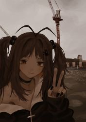 Rule 34 | 1girl, a3dyqtlpqjcuqvs, antenna hair, black choker, black jacket, black nails, borrowed character, brown eyes, brown hair, choker, closed mouth, colored inner hair, crane (machine), cross, grass, hair ornament, hairclip, hand up, highres, jacket, light smile, long sleeves, looking at viewer, medium hair, multicolored hair, muted color, nail polish, orange hair, original, outdoors, overcast, sky, sleeves past wrists, solo, two-tone hair, two side up, upper body, v, virtual youtuber