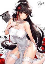 Rule 34 | 1girl, alternate costume, artist name, azur lane, bad proportions, bare shoulders, blush, bow, breasts, brown eyes, china dress, chinese clothes, closed mouth, collarbone, covered navel, dress, flipped hair, flower, garter straps, hair bow, hair flower, hair ornament, hand on own chest, large breasts, long hair, looking at viewer, nail polish, pelvic curtain, ponytail, sakiyamama, simple background, sitting, solo, takao (azur lane), takao (the lessons of spring) (azur lane), turret, upper body, very long hair, wariza, white background, white bow, white dress