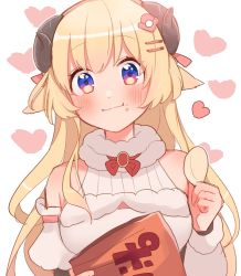 Rule 34 | 1girl, bad id, bad twitter id, bag of chips, blonde hair, blue eyes, blush, chips (food), crumbs, eating, food, food on face, heart, highres, hololive, horns, long hair, looking at viewer, potato chips, sheep horns, smile, solo, tamawo (mu gi2), tsunomaki watame, tsunomaki watame (1st costume), upper body, virtual youtuber, white background