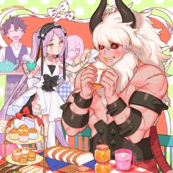 Rule 34 | ^ ^, asterios (fate), bare shoulders, black hair, black sclera, blush, bread, bread slice, closed eyes, colored sclera, cream puff, cupcake, dessert, dress, eating, euryale (fate), euryale (third ascension) (fate), fate/grand order, fate (series), food, frills, fujimaru ritsuka (male), fujimaru ritsuka (male) (starlight fest), glasses, hair over one eye, hairband, honey, horns, jewelry, long hair, mash kyrielight, multiple boys, multiple girls, official alternate costume, on chair, open mouth, pink hair, purple eyes, purple hair, red eyes, sandwich, sara (kurome1127), short hair, smile, standing, standing on chair, twintails, very long hair, white dress, white hair