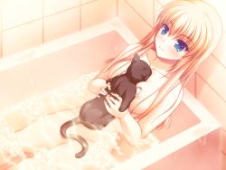 Rule 34 | 1girl, asami asami, bath, between breasts, blonde hair, blue eyes, blush, breasts, cat, collarbone, fake azure arcology, game cg, highres, holding, line t miller, long hair, nipples, nude, skindentation, smile, soap bubbles, solo, water