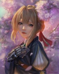 Rule 34 | 10s, 1girl, absurdres, artist name, blonde hair, blue eyes, braid, cherry blossoms, hair between eyes, hair ribbon, highres, lips, long hair, looking at viewer, mechanical hands, nose, ribbon, shiori2525, single mechanical hand, solo, upper body, violet evergarden, violet evergarden (series)