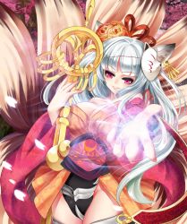 Rule 34 | 1girl, animal ears, aurora rokudo, breasts, cleavage, fox ears, fox tail, grey hair, hair ornament, japanese clothes, kimono, long hair, mask, multiple tails, original, red eyes, smile, tail, thighs, wand