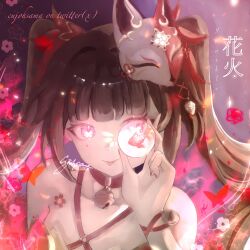 Rule 34 | 1girl, :p, bare shoulders, bell, bow, brown hair, bubble, character name, chest tattoo, choker, closed mouth, collarbone, commentary, diona (cujohsama), flower tattoo, fox mask, glowing, glowing eyes, hair bow, hair intakes, hand up, highres, holding, honkai: star rail, honkai (series), long hair, looking at viewer, mask, mask on head, nail polish, neck bell, o-ring, pink eyes, pink nails, portrait, red bow, red choker, sidelocks, signature, smile, solo, sparkle (honkai: star rail), symbol-only commentary, tattoo, tongue, tongue out, translucent, twintails, twitter username, water drop