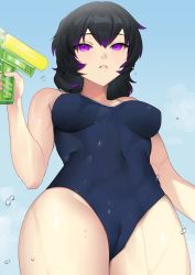 Rule 34 | 1girl, black hair, blue one-piece swimsuit, blue sky, borrowed character, breasts, cameltoe, clear sky, closed mouth, commentary, commission, covered navel, cowboy shot, english commentary, holding, looking at viewer, medium breasts, medium hair, one-piece swimsuit, original, purple eyes, school swimsuit, skeb commission, sky, solo, standing, swimsuit, tan (inka), water drop, water gun, wet