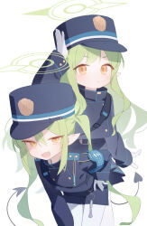 Rule 34 | 2girls, absurdres, black hat, black tail, blue archive, blush, closed mouth, demon tail, doribae, fang, gloves, green hair, green halo, halo, hat, highres, long hair, long sleeves, multiple girls, open mouth, pantyhose, peaked cap, pointy ears, skin fang, smile, tail, twintails, white gloves, white pantyhose, yellow eyes