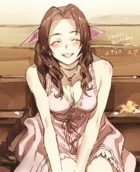 Rule 34 | 1girl, aerith gainsborough, bare arms, blush, braid, braided ponytail, breasts, brown hair, buttons, choker, cleavage, closed mouth, dress, final fantasy, final fantasy vii, final fantasy vii remake, flower, hair ribbon, jacket, unworn jacket, long hair, medium breasts, open mouth, parted bangs, pink dress, ribbon, sidelocks, sitting, smile, solo, talesofmea, teeth, upper body, upper teeth only, wavy hair, yellow flower